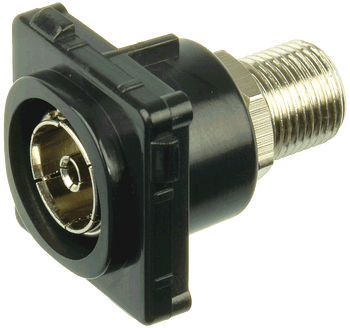 Closeup of black ABS plastic Digitek PAL insert showing F female to PAL female ports for antenna setup