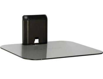 Closeup of tempered glass shelf on Sanus VMA401 under TV wall Shelf  front angle view