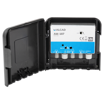 Closeup of tiltable Zamak chassis on Alcad AM-187 showing F-type connectors