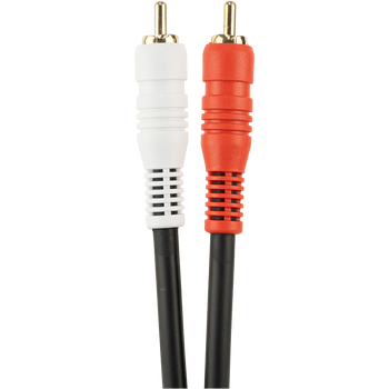 Up-close on red/white RCA male connectors of Digitek coaxial stereo cable