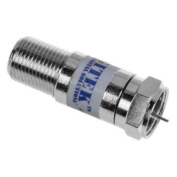 Digitek 10dB F-Type Attenuator in silver housing, F-Type Female to Male connector, for TV and satellite signal optimization