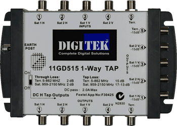Detailed view of attenuation dial and ports on Digitek 11GD515 satellite TAP