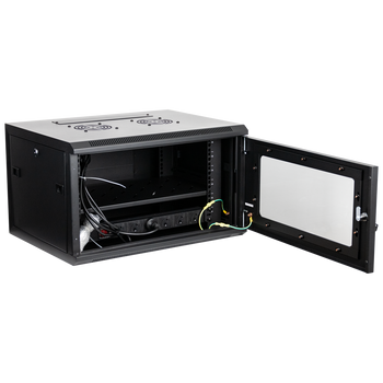 Open Datatek 24B6RW64FPS cabinet with removable side panels and fixed shelf for small server or networking setups
