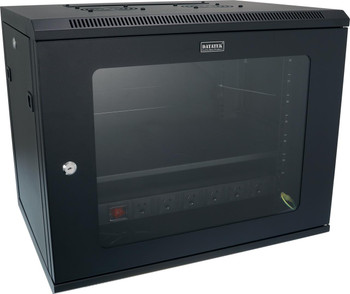 Datatek 24B9RW64FPS 9U wall mount cabinet front view with tempered glass door and black powder coated steel frame for 19\" racks