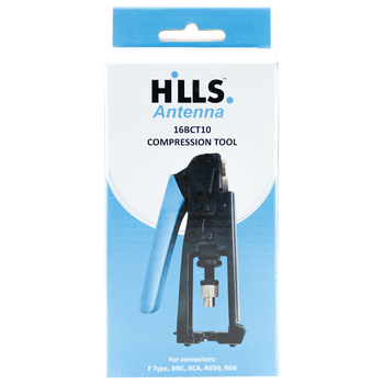 Boxed Ergonomic compression tool kit for coaxial cable installations in black steel, ready for shipping