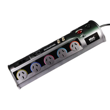 Black 10 way powerboard with surge, TV and network protection
