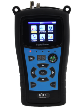 Compact Hills Antenna NM-100 signal meter with built-in LED light and USB port for firmware upgrades in TV antenna setup