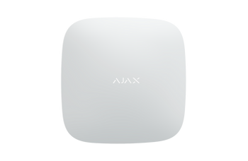 White Ajax ReX Range Extender device connected to Hub 2 for extended Jeweller signal coverage up to 1.8 km