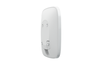 Side profile of Ajax Hub 2 Plus white security hub with 100 camera support, 25 security groups, and remote app control.