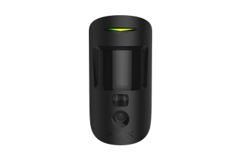 Black Ajax MotionCam 2-way wireless PIR motion detector with built-in camera for photo alarm verification.