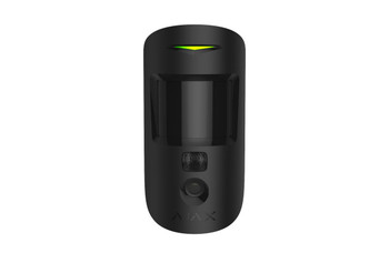 Black Ajax MotionCam 2-way wireless PIR motion detector with built-in camera for photo alarm verification.