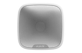 Silver/white Ajax StreetSiren 2-way wireless outdoor siren with LED strobe and 113 dB buzzer for security alerts