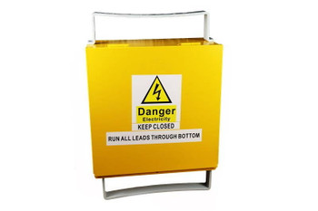 Front view of Digitek 27MBTSE-BOX yellow meter box, showcasing 502x502x230mm dimensions and removable top-hinged door for easy access