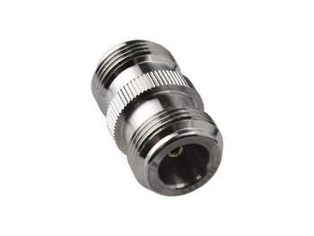 Close-up of Hills Antenna N Female to N Female Adaptor showing nickel-plated brass body and straight design for seamless RF cable extension