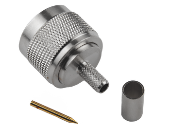 Side view of the durable Hills Antenna N male connector with low VSWR specs designed for 50 Ohm LL195 or RG-58 Mini coax cable in high-frequency applications