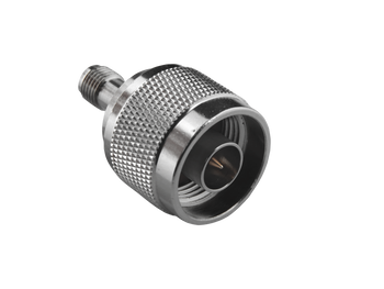 Close-up of Hills Antenna N Male to SMA Female Adaptor showing nickel-plated brass body and straight design for seamless RF cable bridging