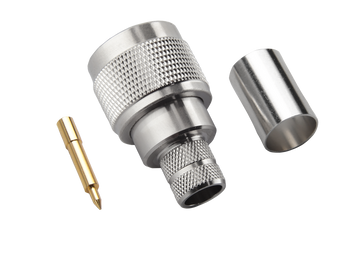 Side view of the durable Hills Antenna N male connector with low VSWR specs, designed for 50 Ohm RG-213 coax cable in broadcast or radio applications
