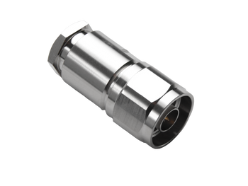 Close-up of Hills Antenna N Male HEX Clamp Connector for LL400 Cable, highlighting nickel-plated brass body and HEX clamp for secure RF terminations