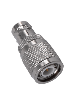 Close-up of Hills Antenna TNC Male to BNC Female Adaptor showing nickel-plated brass body and straight design for seamless RF cable bridging