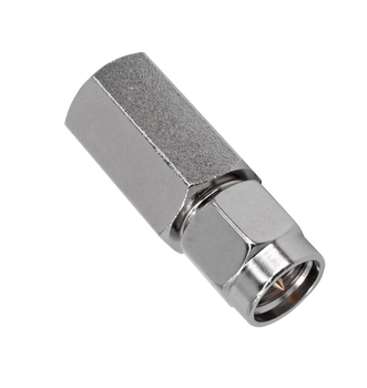 Side view of the durable Hills Antenna FME to SMA adaptor with low VSWR specs, ideal for 50 Ohm TV or radio signal extensions