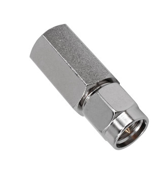Side view of the durable Hills Antenna FME to SMA adaptor with low VSWR specs, ideal for 50 Ohm TV or radio signal extensions