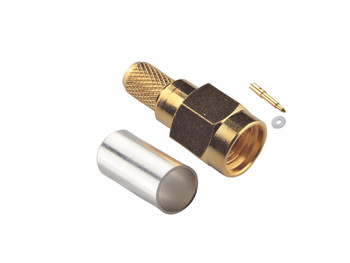 Close-up of Hills Antenna SMA Male Crimp Connector for RG-58 Mini Cable, highlighting gold-plated brass body and crimp sleeve for premium RF terminations