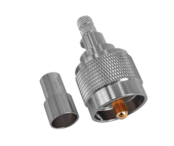 Close-up of Hills Antenna UHF/PL-259 Male Crimp Connector for LL240 Cable, highlighting nickel-plated brass body and crimp sleeve for secure RF terminations