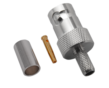 Side view of the durable Hills Antenna BNC female connector with low VSWR specs, designed for 50 Ohm RG-58 Mini coax cable in high-frequency applications