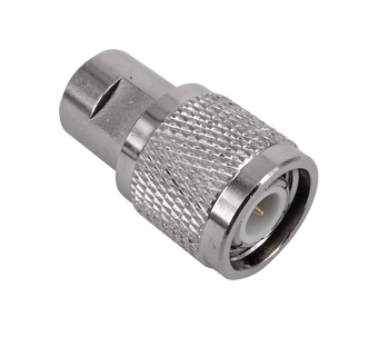 Close-up of Hills Antenna FME Male to TNC Male Adaptor showing nickel-plated brass body and straight design for seamless RF cable bridging
