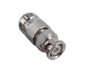 Close-up of Hills Antenna BNC Male to N Female Adaptor showing nickel-plated brass body and straight design for seamless RF cable bridging