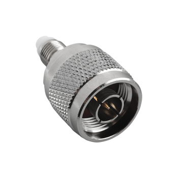 Close-up of Hills Antenna N Male to FME Female Adaptor showing nickel-plated brass body and straight design for easy RF cable bridging