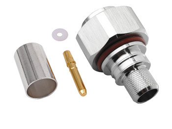 Side view of the durable Hills Antenna 4.3-10 connector with crimp sleeve, designed for 50 Ohm LL400 coax cable in high-frequency applications