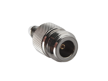 Close-up of Hills Antenna N Female to FME Female Adaptor showing nickel-plated brass body and straight design for easy RF cable connections