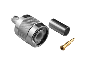 Close-up of Hills Antenna TNC Male Crimp Connector for LL195 & RG-58 Mini Cable, highlighting nickel-plated body and crimp sleeve for easy RF terminations