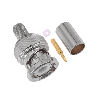 Close-up of Hills Antenna BNC Male Crimp Connector for LL240 Cable showing nickel-plated body and crimp design for easy RF terminations