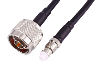 Close-up of Hills Antenna FME Female and N Male connectors on 5m LL195 patch lead, showcasing secure RF mating for telecom systems