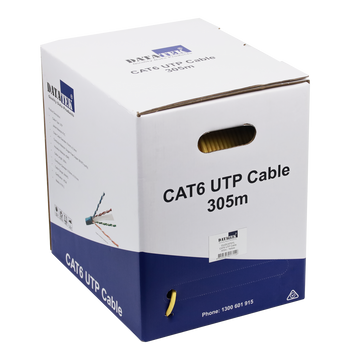 DATATEK CAT6 UTP Cable 305m yellow box front view with pull-out design
