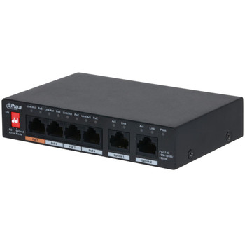 Side view Dahua 6-port Gigabit switch showing PoE ports and uplink