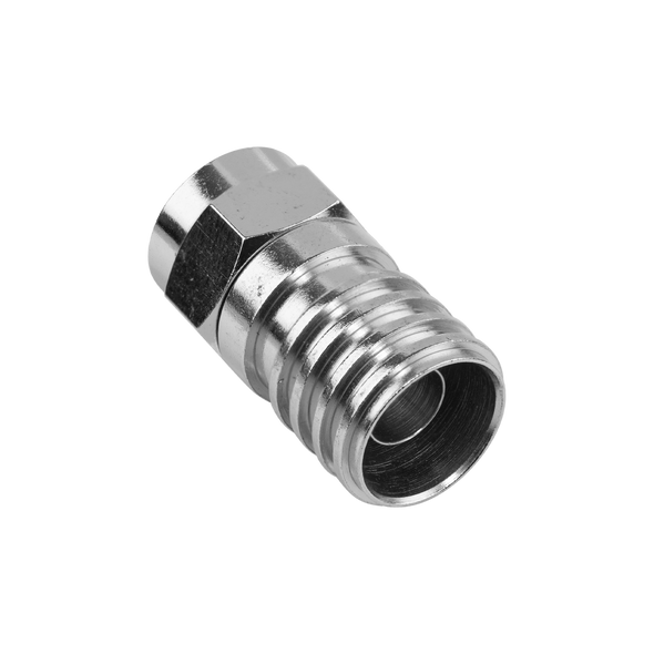 Close-up of BC2092 hex crimp style on RG6 cable, featuring secure male F-Type end for professional signal connections