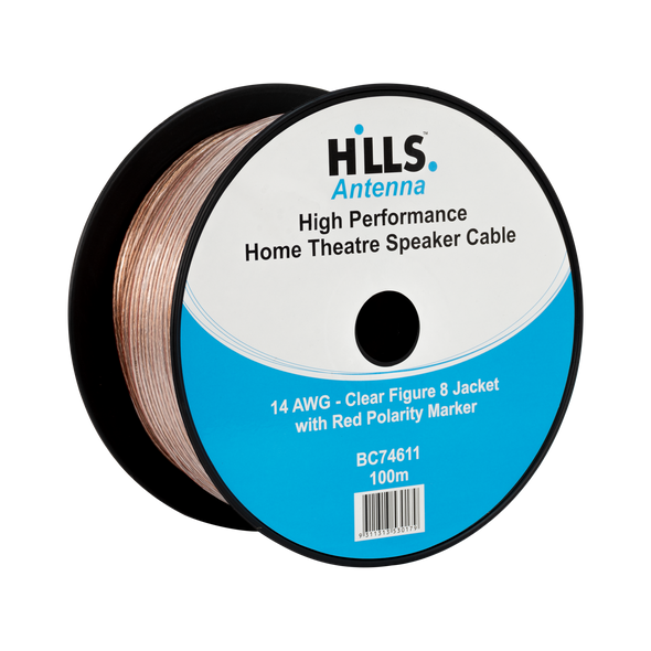 Hills Antenna BC74611 14AWG speaker cable 100m reel clear PVC with red polarity