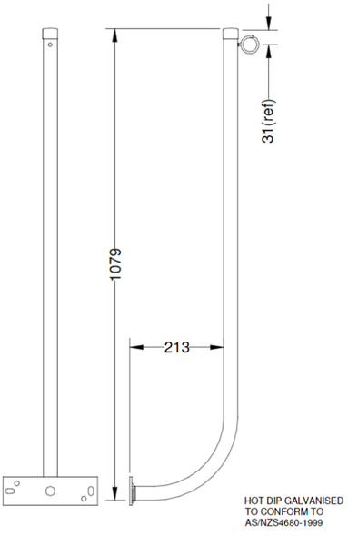 Schematic diagram of FB607024A curved galvanised riser with pig tail loop and weather cap showing dimensions