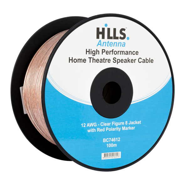 Reel of Hills Antenna BC74612 high-performance speaker cable, ready for commercial AV installations with clear PVC jacket