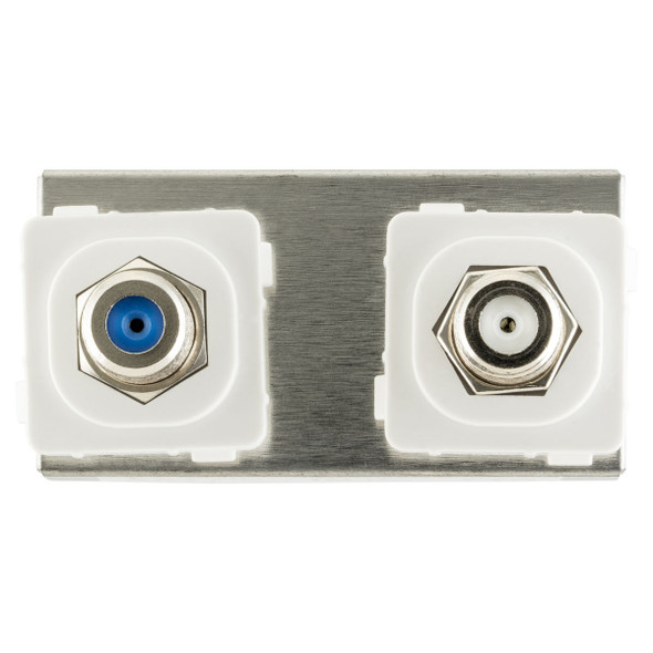 Close-up of BC89239A diplexer ports showing F-Type SAT and TV inputs