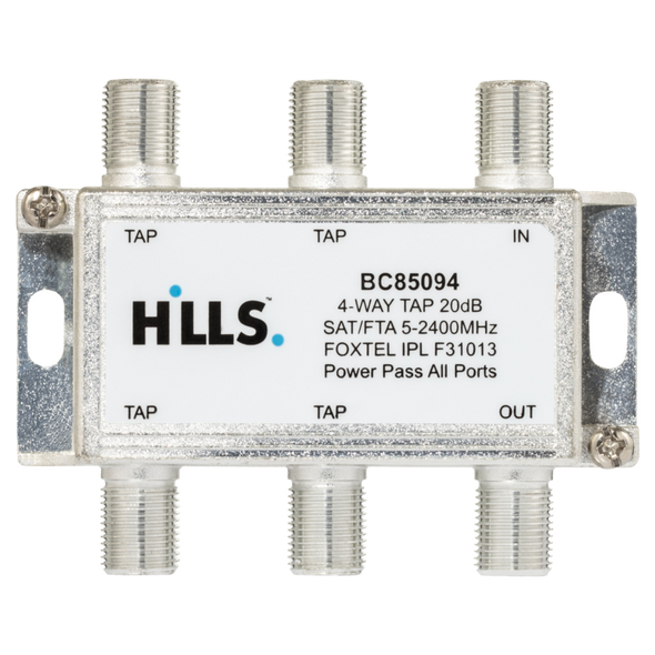 Genuine Hills Antenna 20dB 4-port tap showing Foxtel F31013 approval