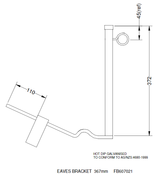 Schematic diagram of Hills Antenna FB607021 pig tail eaves bracket showing dimensions