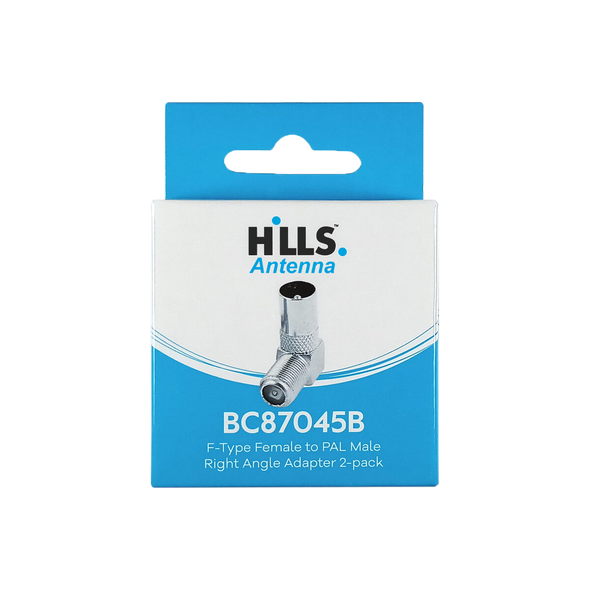 Hills Antenna BC87045B 2-pack right-angle F to PAL adaptors in box