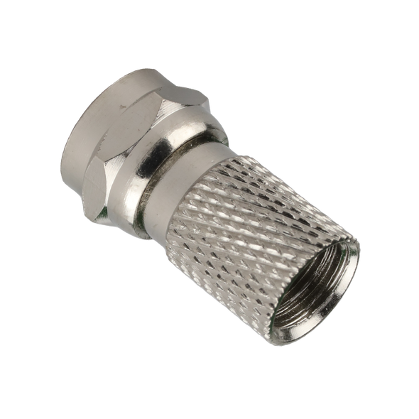 Close-up of Hills Antenna BC14302 male F-Type connector, highlighting tool-free design and quad shield cable compatibility