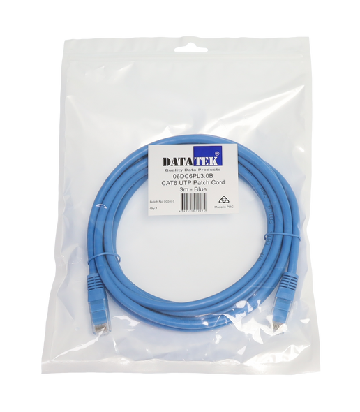 Datatek 3m CAT6 UTP patch lead blue RJ45 network cable