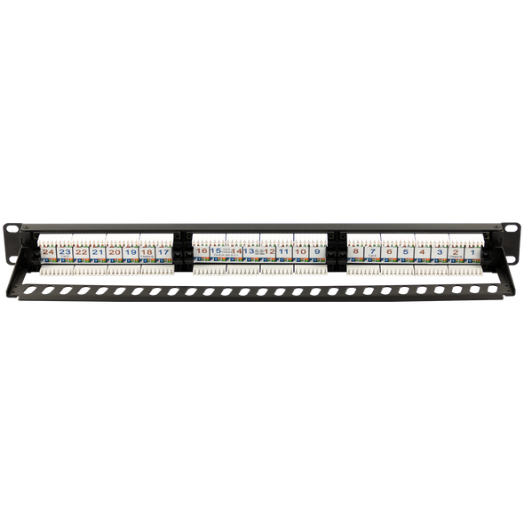 Rear view of Datatek patch panel with cable management rail