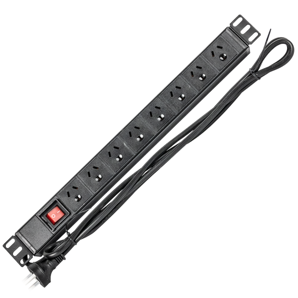 Black 1RU PDU showing on/off switch, 8 outlet configuration and 2m power cord with Australian standard 3-pin plug.